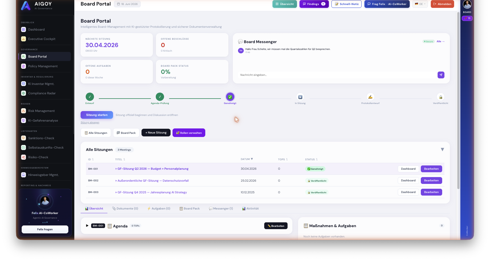AIGOY Board Portal kokoustyönkulkuineen, Board Messenger ja päätöspöytäkirjat