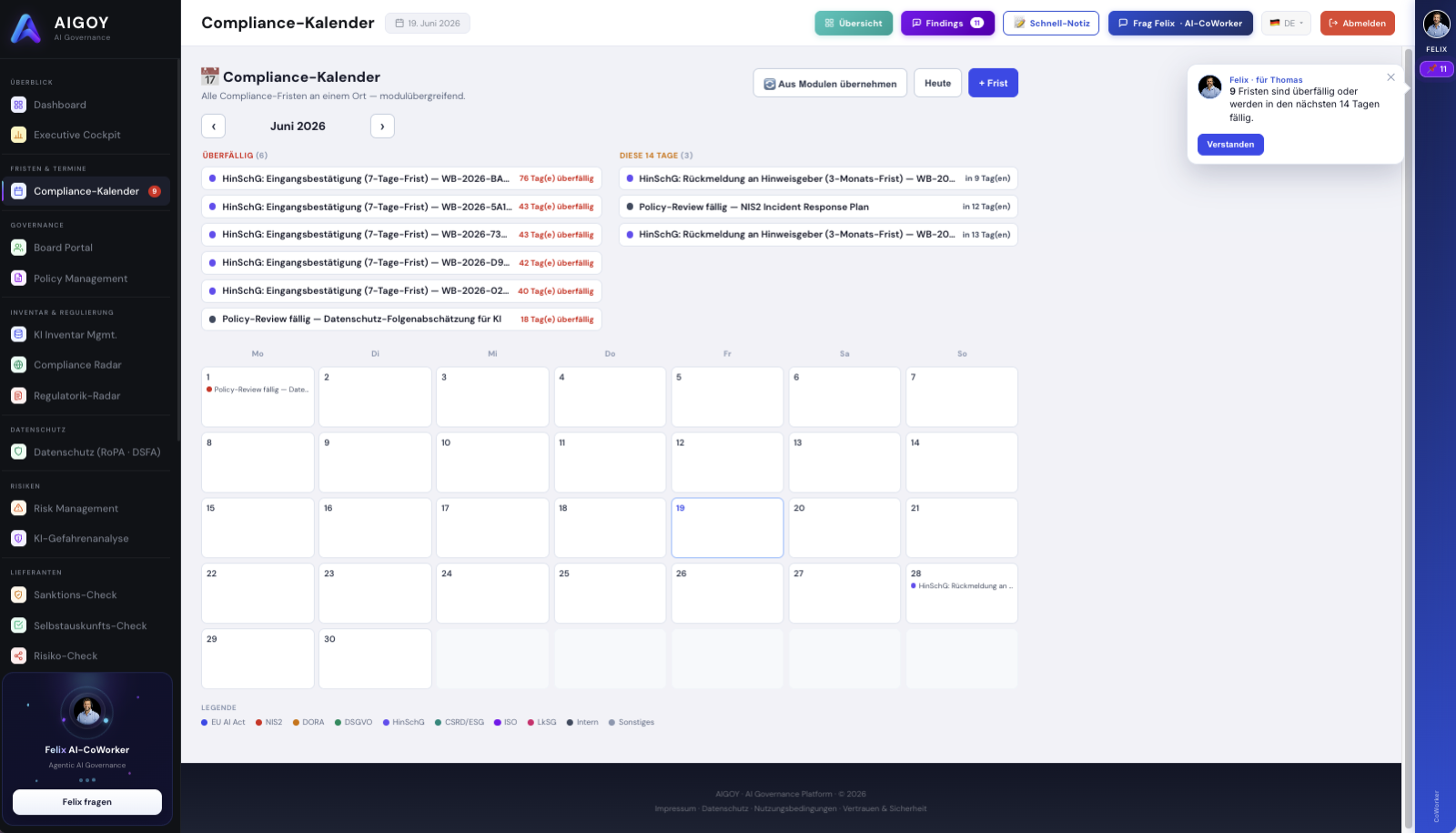 AIGOY Compliance-Kalender — alle Compliance-Fristen modulübergreifend im Monats-Gitter mit Überfällig-Ampel
