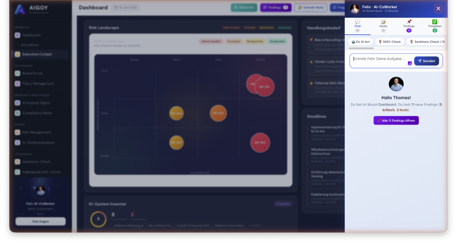 Felix Compliance-CoWorker detecta 11 hallazgos de forma proactiva en todos los módulos