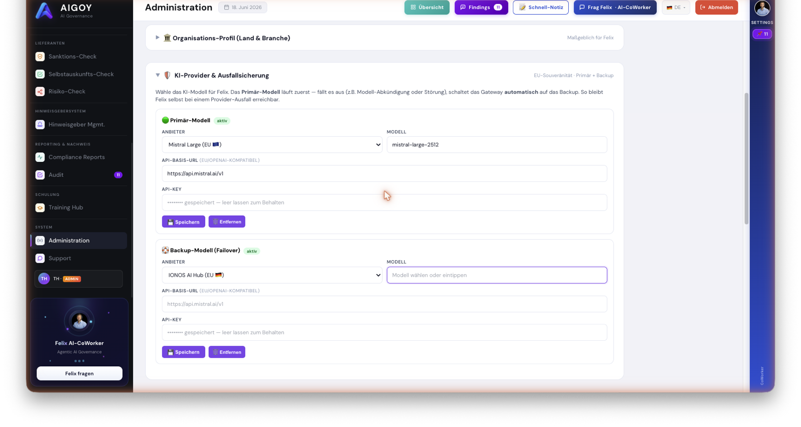 Gateway de proveedores de IA de AIGOY: Mistral Large (EU) como modelo principal, IONOS AI Hub (EU) como failover de respaldo automático