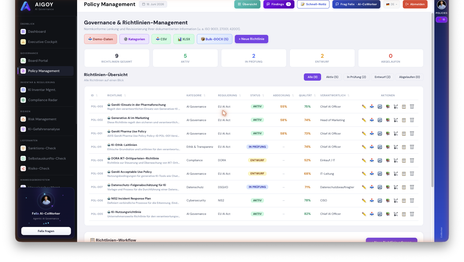 AIGOY Policy Management with clean POL IDs, Felix scores and approval workflow