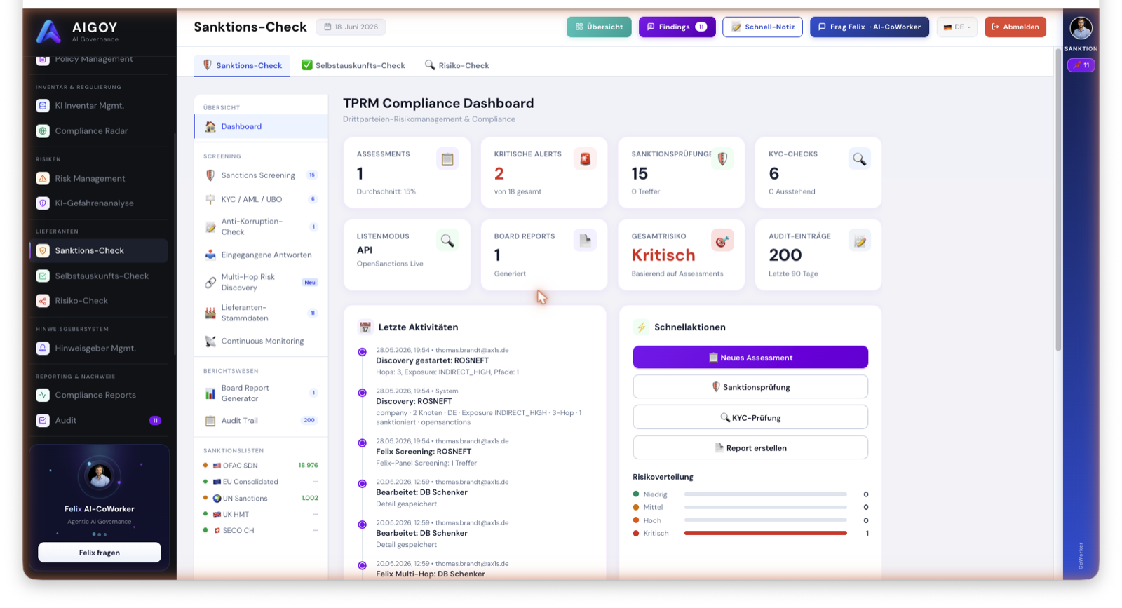 Dashboard di screening sanzioni TPRM di AIGOY con OpenSanctions e analisi multi-hop